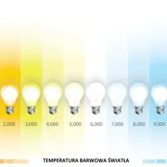 Żarówki od pomarańczowej do niebieskiej pokazują przejście od barw ciepłych do zimnych. Skala temperatur barwowych światła.