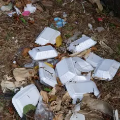Kosz na śmieci jest pełen, a dookoła leżą białe pojemniki po jedzeniu na wynos. Do jakiego kosza styropian trafiłby w tym bałaganie?