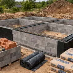 Budowa fundamentów: ściana fundamentowa z bloczków betonowych, zbrojenie, papa, cement i betoniarka.
