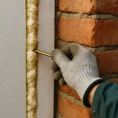 Ręka w rękawicy aplikuje piankę montażową do styropianu, uszczelniając szczelinę między płytą a ceglanym murem.