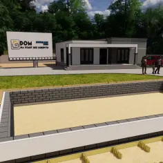 Wykop pod fundament nowoczesnego domu w budowie. W tle nowoczesny dom, billboard i rodzina.