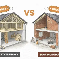 Porównanie: z czego budować dom - szkieletowy (tańszy) vs murowany (droższy). Ilustracja pokazuje przekroje obu budynków.
