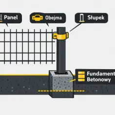Schemat montażu przęsła ogrodzeniowego: panel, obejma, słupek i fundament betonowy.