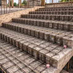 Siatka prętów na zbrojenie schodów, gotowa do zalania betonem. Widać kolejne stopnie i pionowe pręty.