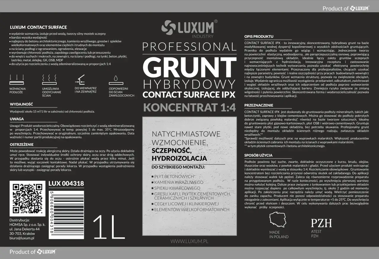 Profesjonalny grunt do betonu Luxum Contact Surface IPX, koncentrat 1:4. Wzmacnia, izoluje, poprawia przyczepność.