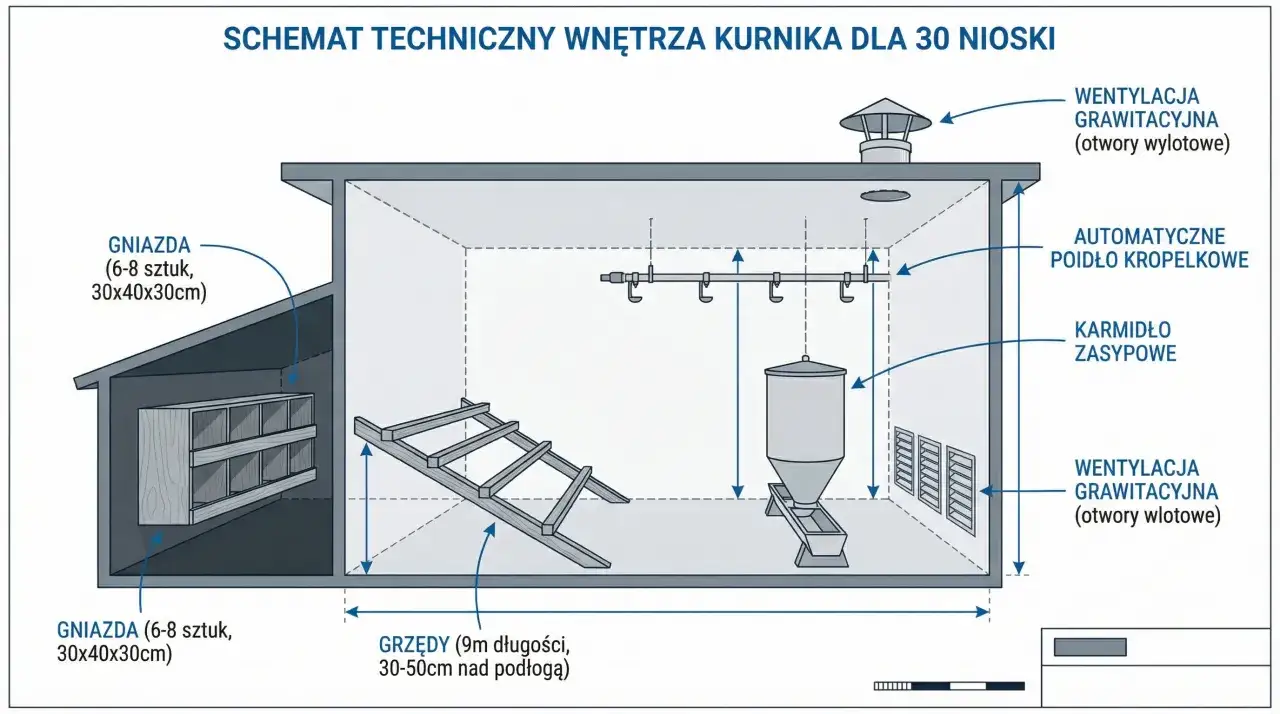Schemat wnętrza kurnika dla 30 niosek: gniazda, grzędy, karmidło, poidełko i wentylacja. Podpowiada, jak zbudować kurnik.