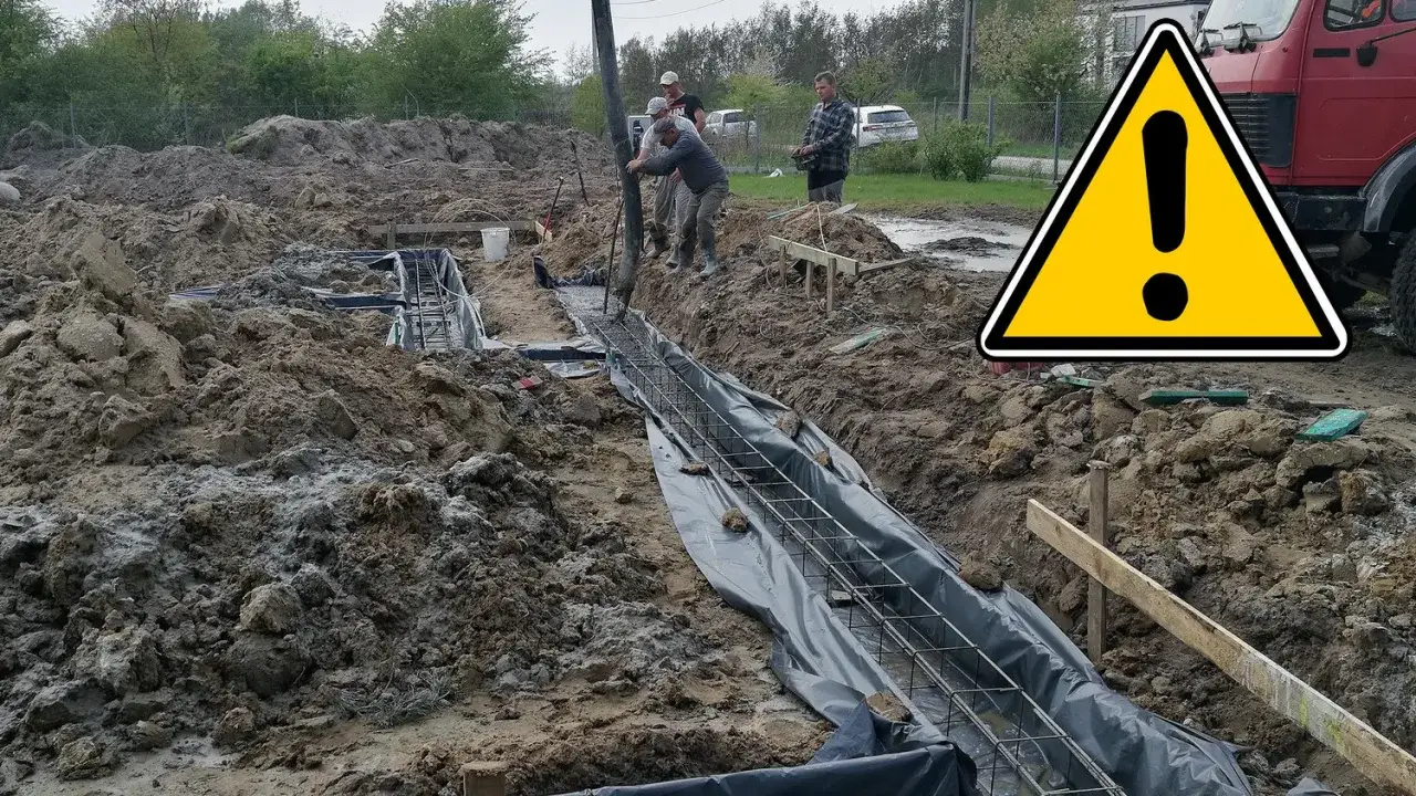 Pracownicy wylewają beton na zbrojenie na fundamenty. Widać koparkę i ciężarówkę.