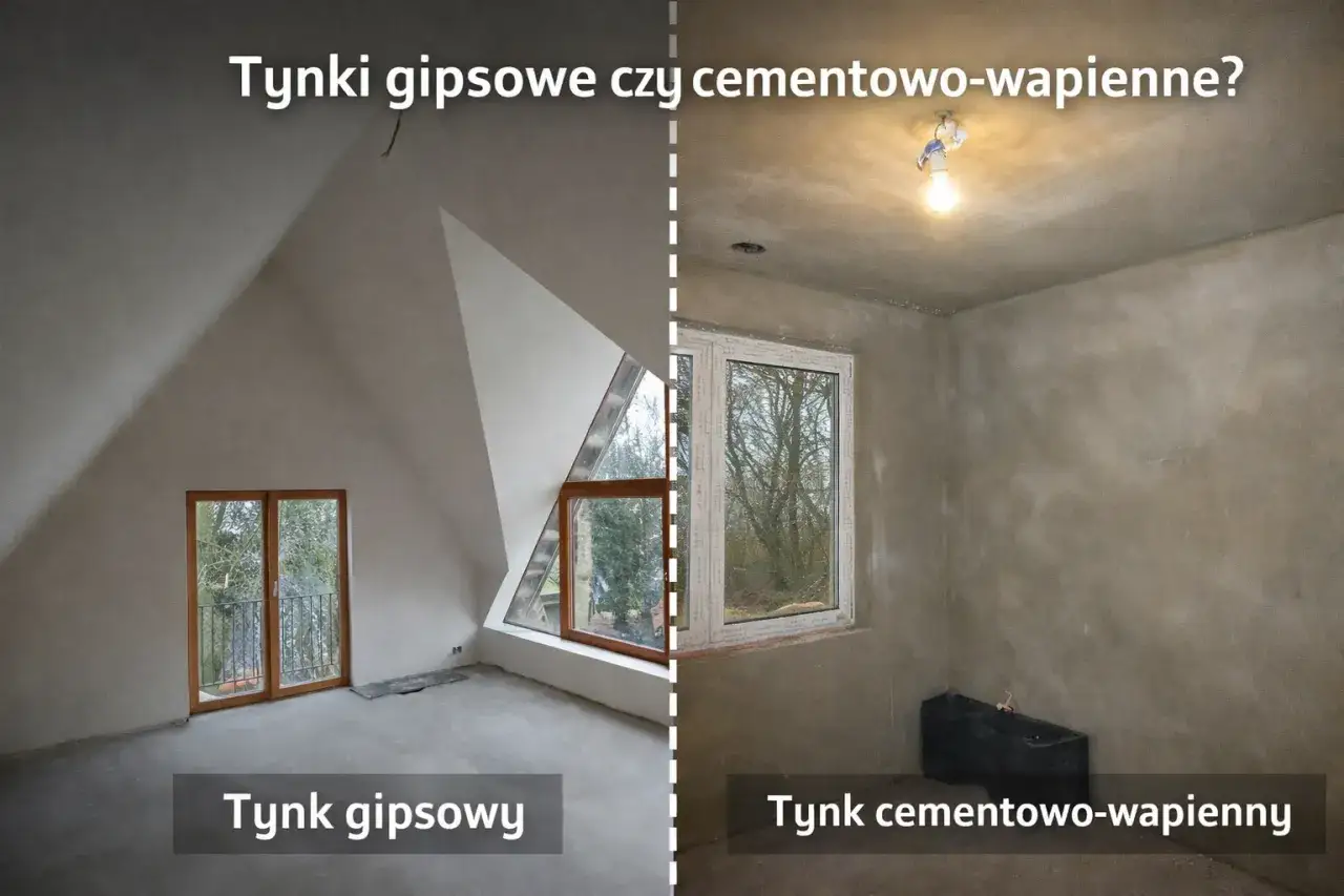 Dwa wnętrza: po lewej jasny pokój ze skośnymi ścianami i oknami, po prawej ciemniejszy pokój z oknem i żarówką. Oba pomieszczenia pokryte tynkami gipsowo wapiennymi.