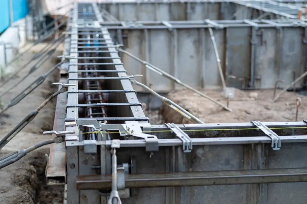 Metalowe elementy szalunku tworzą formę dla betonu, czekając na zalanie. To właśnie szalunek co to za konstrukcja, która nadaje kształt fundamentom.