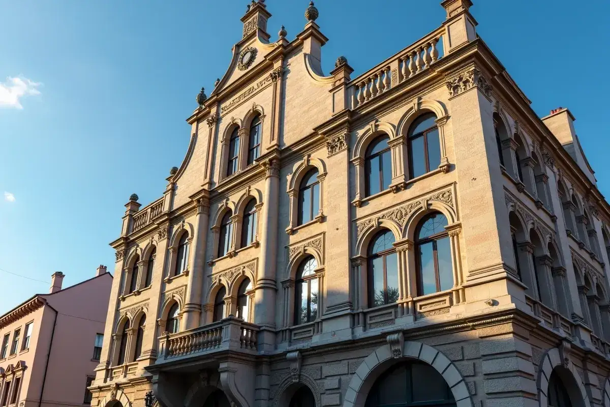 Elegancki budynek z ryzalitem, ozdobiony arkadowymi oknami i detalami architektonicznymi, lśni w słońcu.