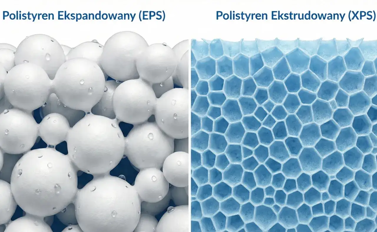 Porównanie styropianu (EPS) z kulistą strukturą i styroduru (XPS) o regularnych, sześciokątnych komórkach.