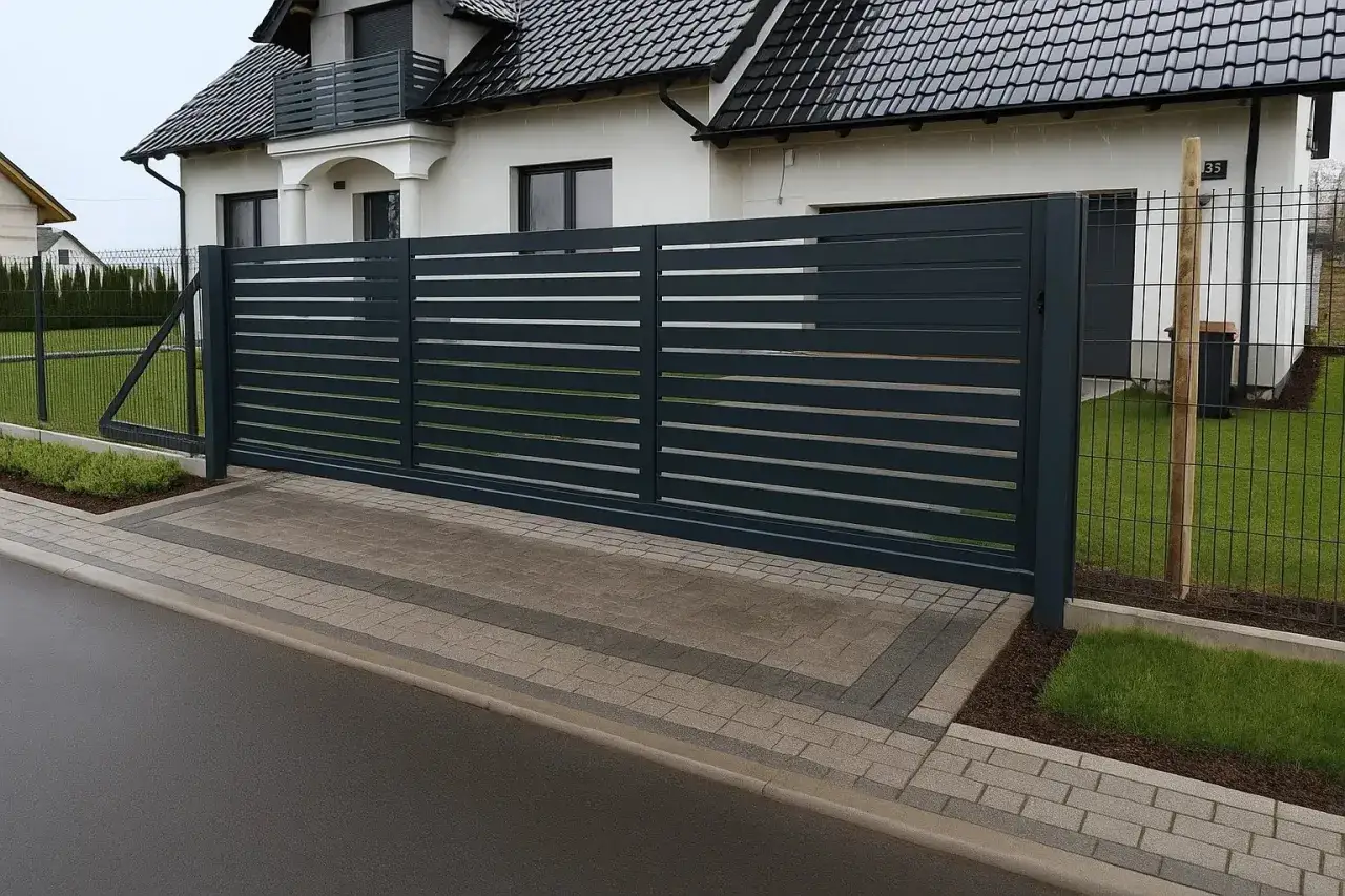 Nowoczesna, ciemnoszara brama wjazdowa z poziomymi szczebelkami. Jej szerokość pozwala na swobodny wjazd samochodu.