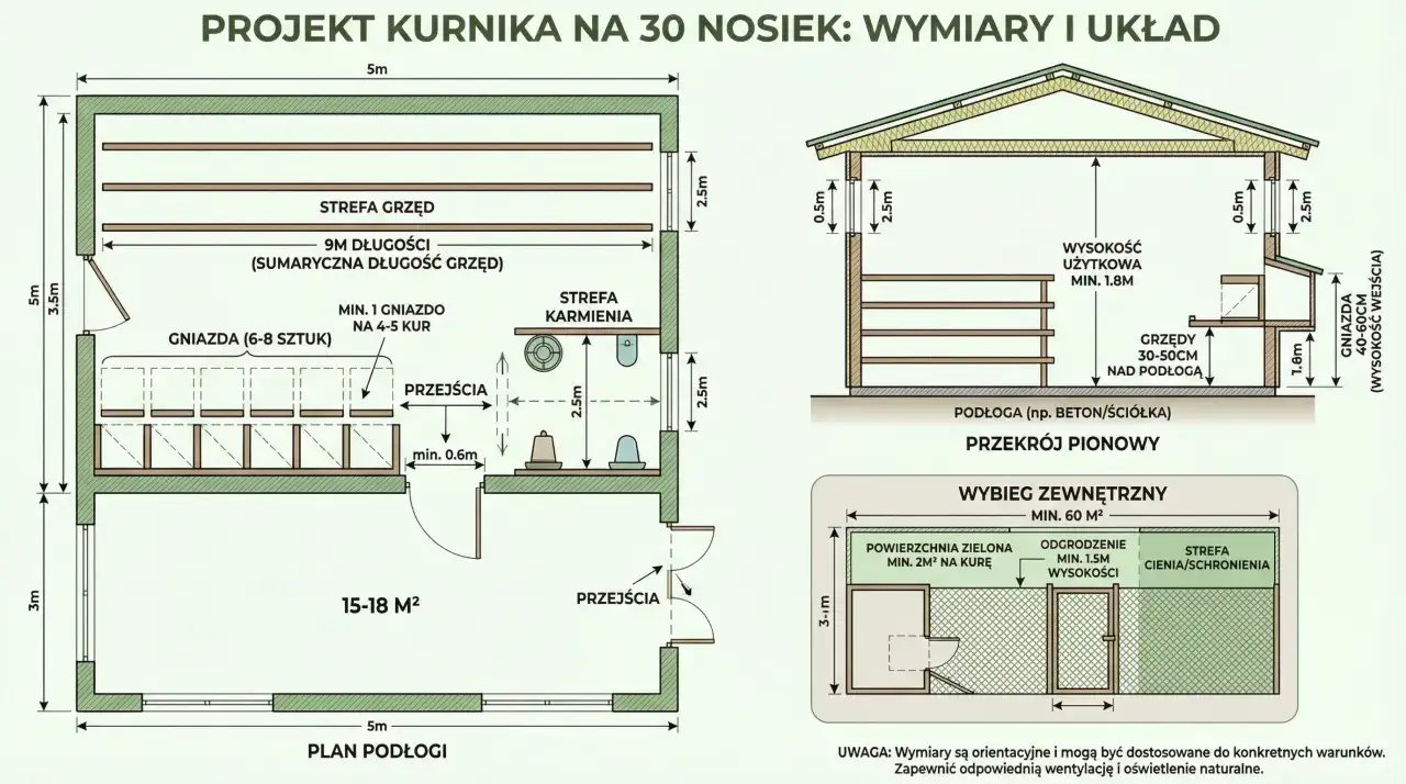 Projekt kurnika na 30 kur: plan, przekrój i wybieg. Wymiary i układ pomagają w budowie.