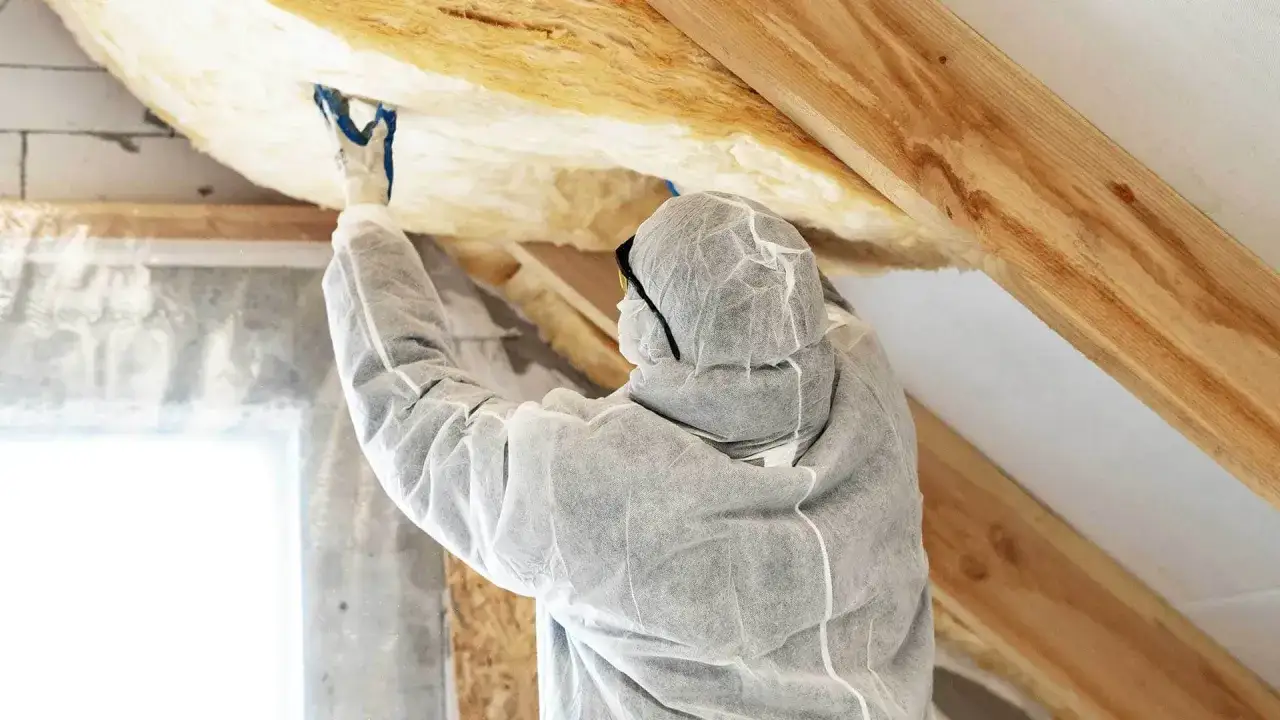Ocieplenie stropu wełną mineralną. Pracownik w kombinezonie ochronnym montuje izolację pod drewnianym dachem.