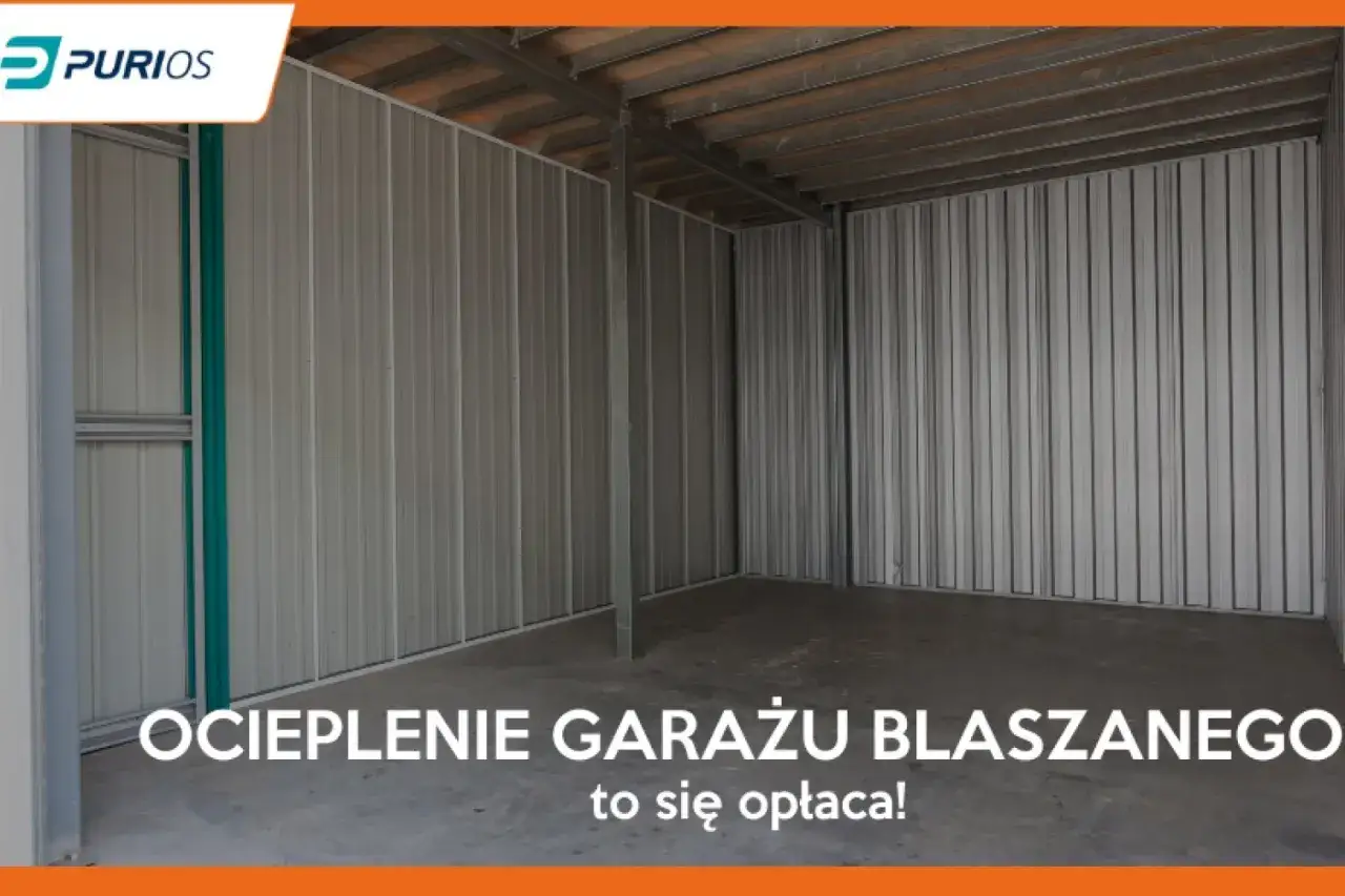 Wnętrze pustego garażu blaszanego. Tekst na dole: 