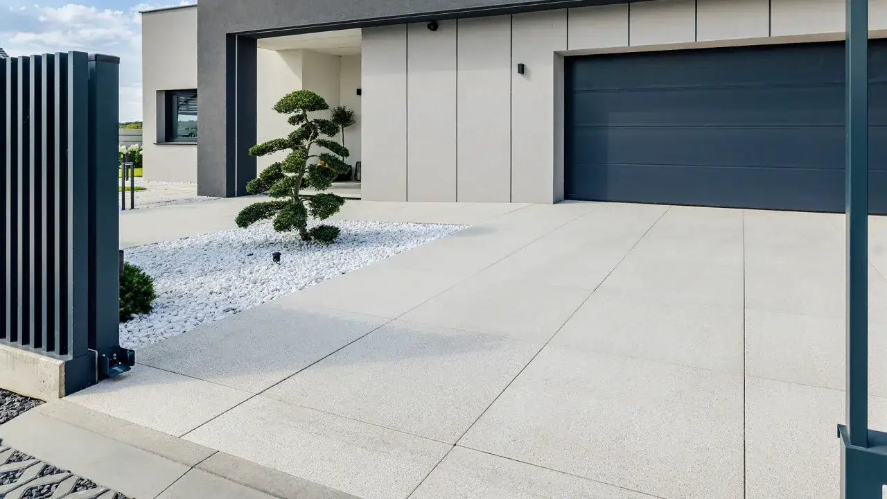 Nowoczesny podjazd przed domem z szarej kostki, ozdobiony drzewkiem bonsai na białym żwirze. Obok ciemnoszara brama garażowa.