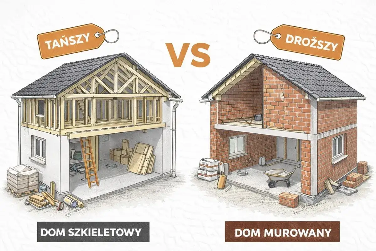 Porównanie: dom szkieletowy (tańszy) z drewnianą konstrukcją i dom murowany (droższy) z ceglanymi ścianami.