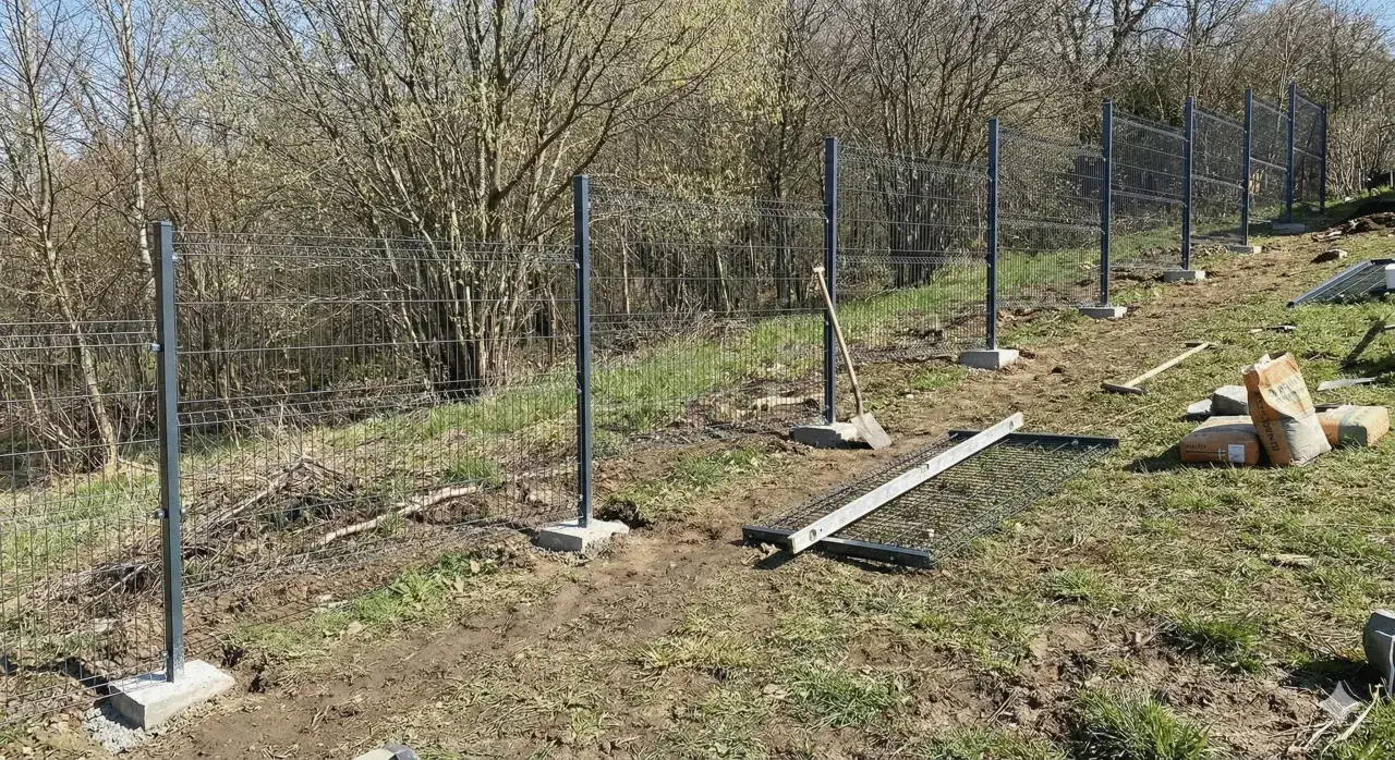Trwa montaż ogrodzenia panelowego. Widać słupki, panele, łopatę i cement.
