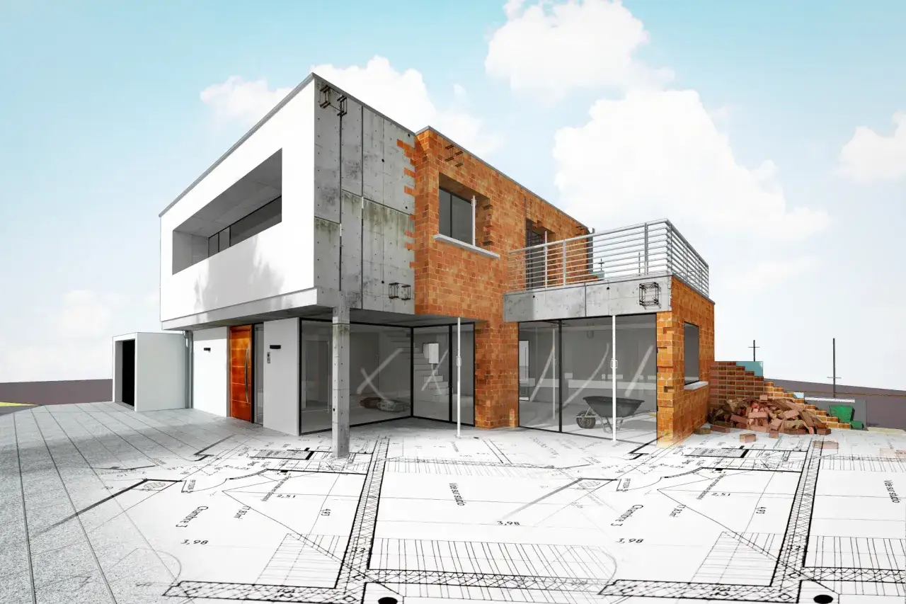 Wizualizacja nowoczesnego domu w budowie, z widocznymi planami architektonicznymi. Pokazuje, jak zbudować dom od podstaw.