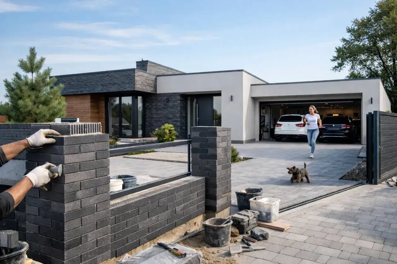 Budowa nowoczesnych ogrodzeń z klinkieru. Wzory cegieł tworzą solidną i estetyczną całość, idealnie komponując się z architekturą domu.
