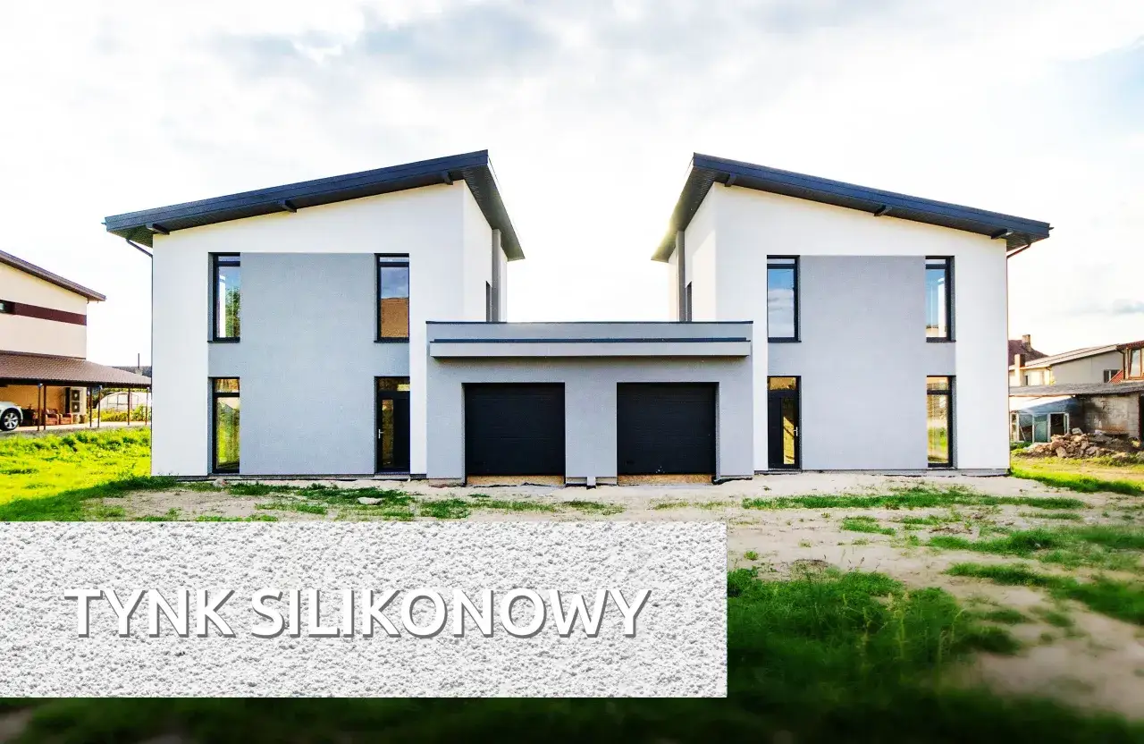 Nowoczesne bliźniaki z szarymi akcentami i białym wykończeniem, prezentujące efekt nakładania tynku silikonowego.