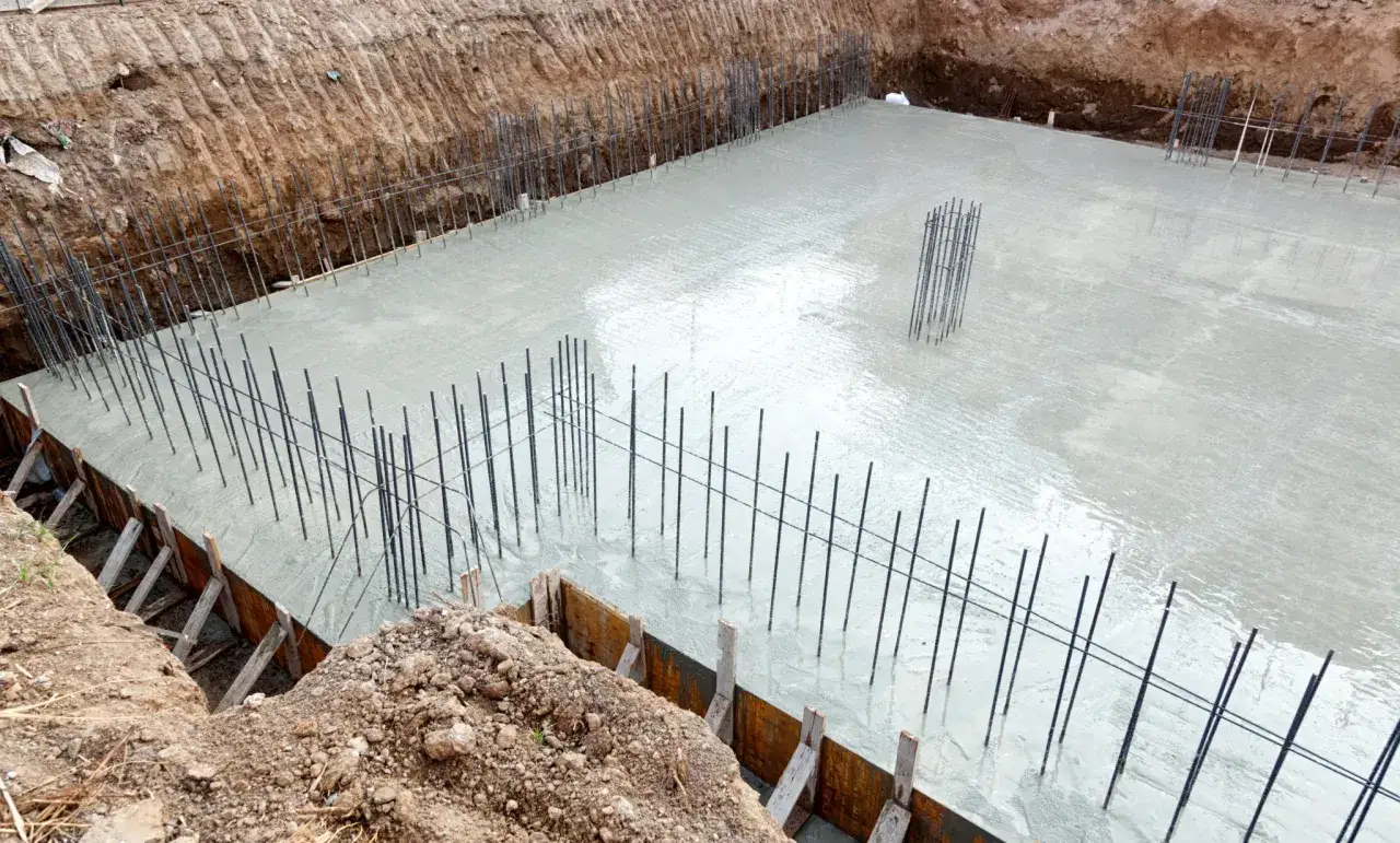 Budowa fundamentów: świeży beton i zbrojenie, kluczowe dla izolacji przeciwwodnej fundamentów.