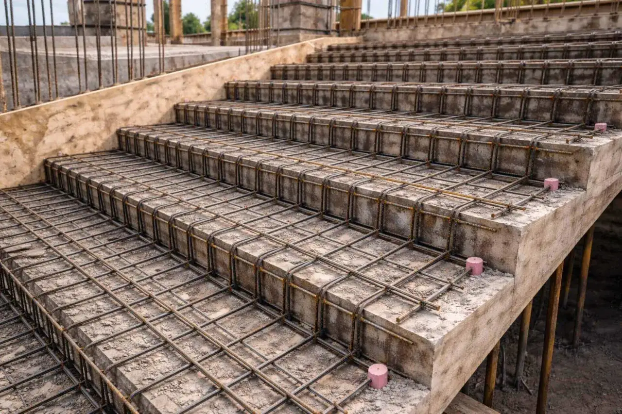 Zbrojenie schodów betonowych na budowie, gotowe do zalania betonem.
